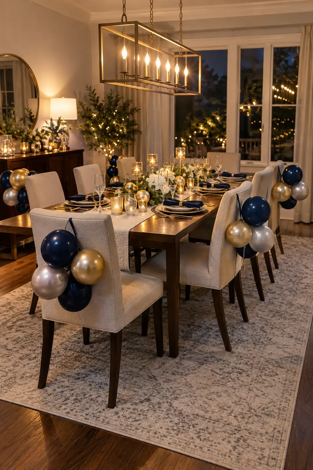 Small navy silver and gold balloons secured to dining chair backs