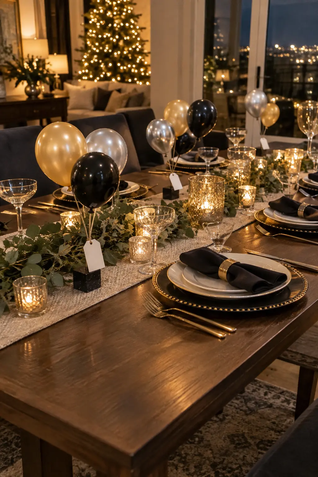 Short black champagne and silver balloon sticks beside dinner place settings
