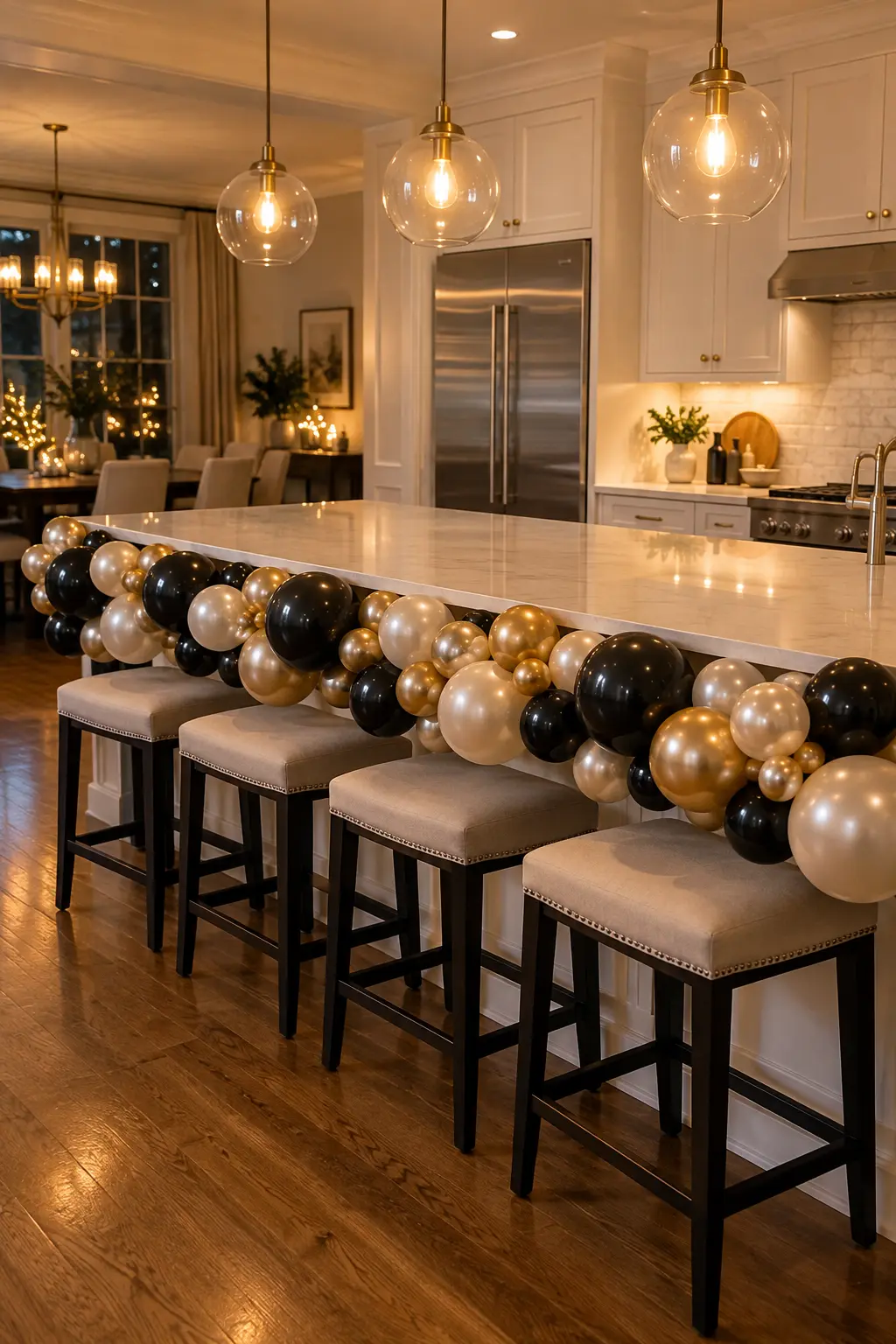 Narrow balloon garland attached along the front edge of a kitchen island