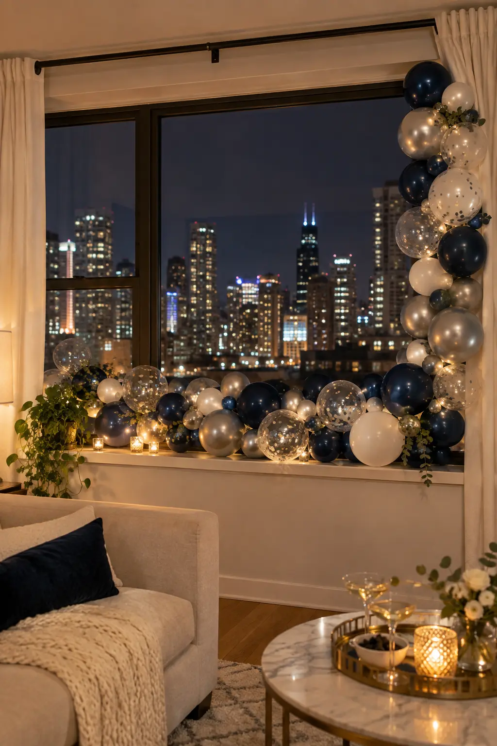 Small silver navy and white balloon garland on an apartment windowsill