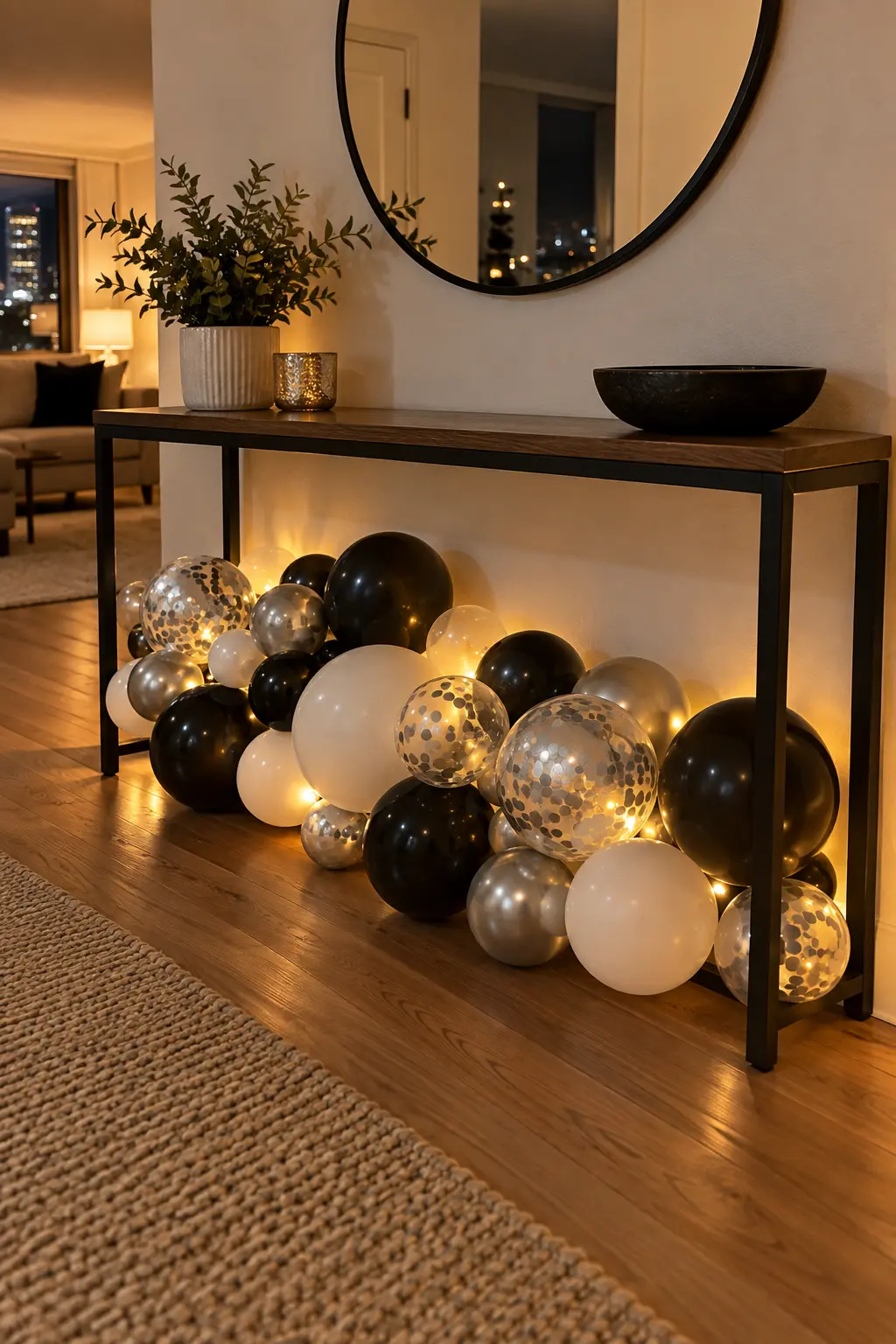 Compact black white silver and clear balloon cloud beneath a console table