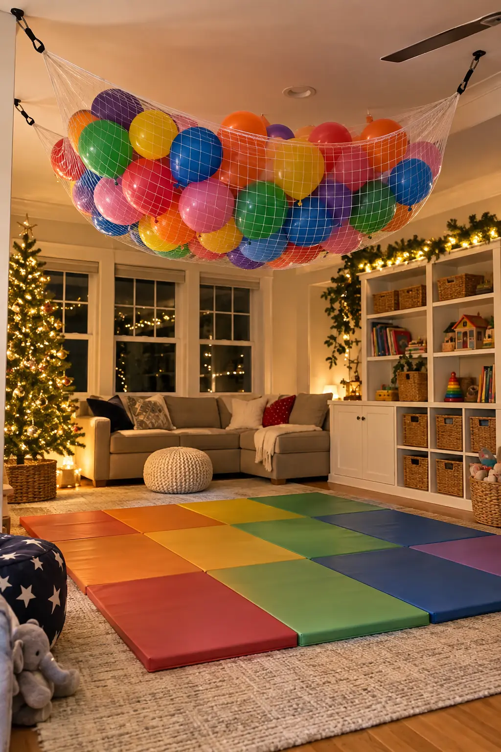Rainbow balloons waiting in a secure mesh drop above a family playroom
