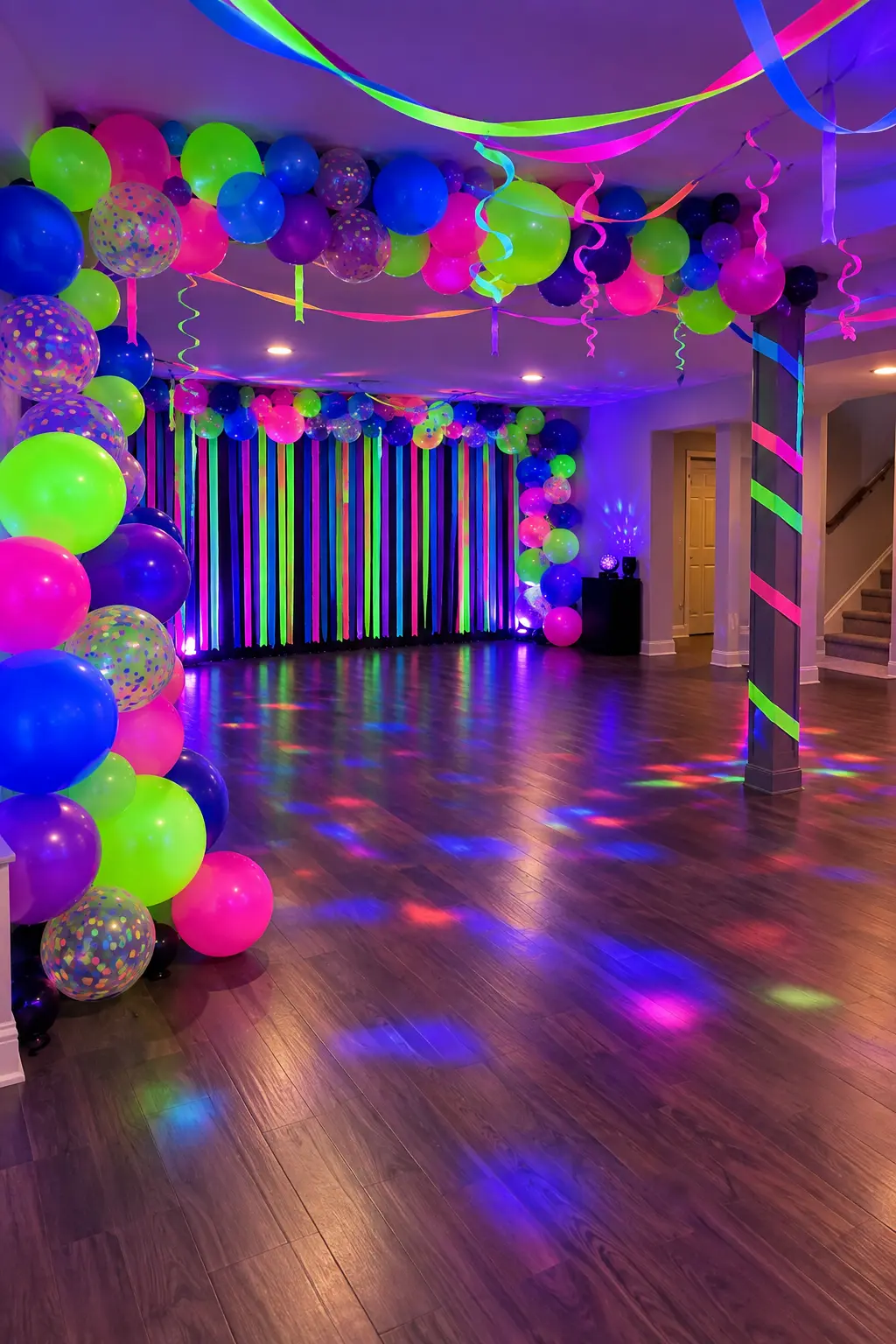 Neon pink blue green and violet balloon wall in a tween glow-party room