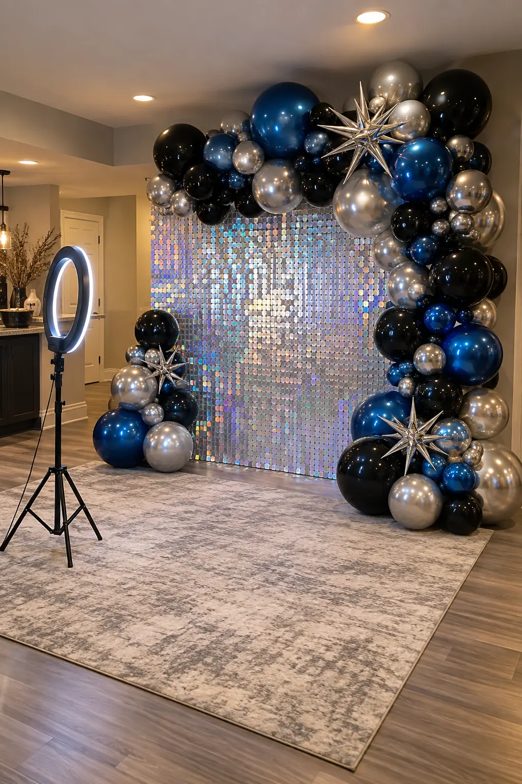 Chrome silver metallic blue and black balloon photo booth with a ring light