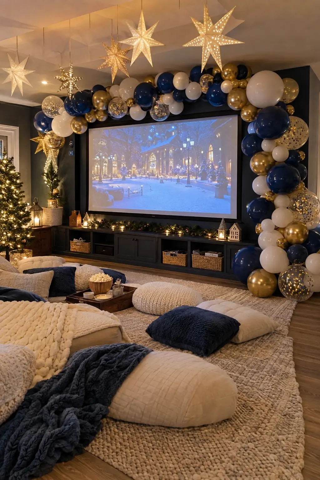 Navy white and gold balloons with paper stars around a family movie area