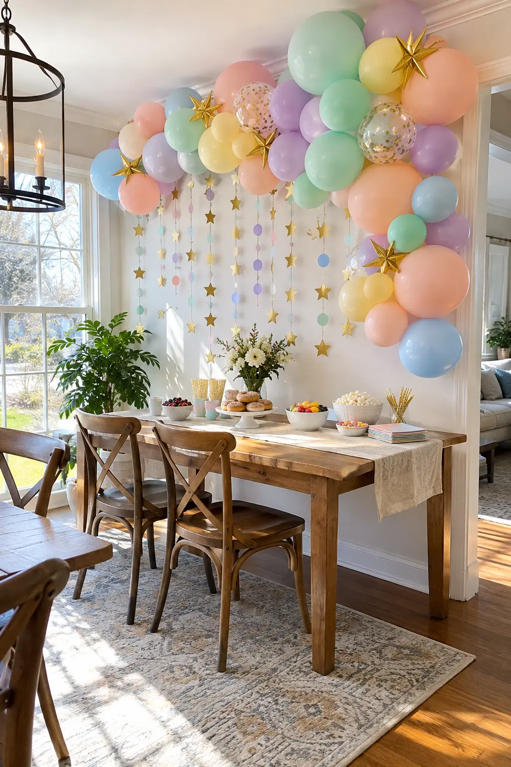 Pastel peach mint lavender yellow and blue balloon garland for a daytime party