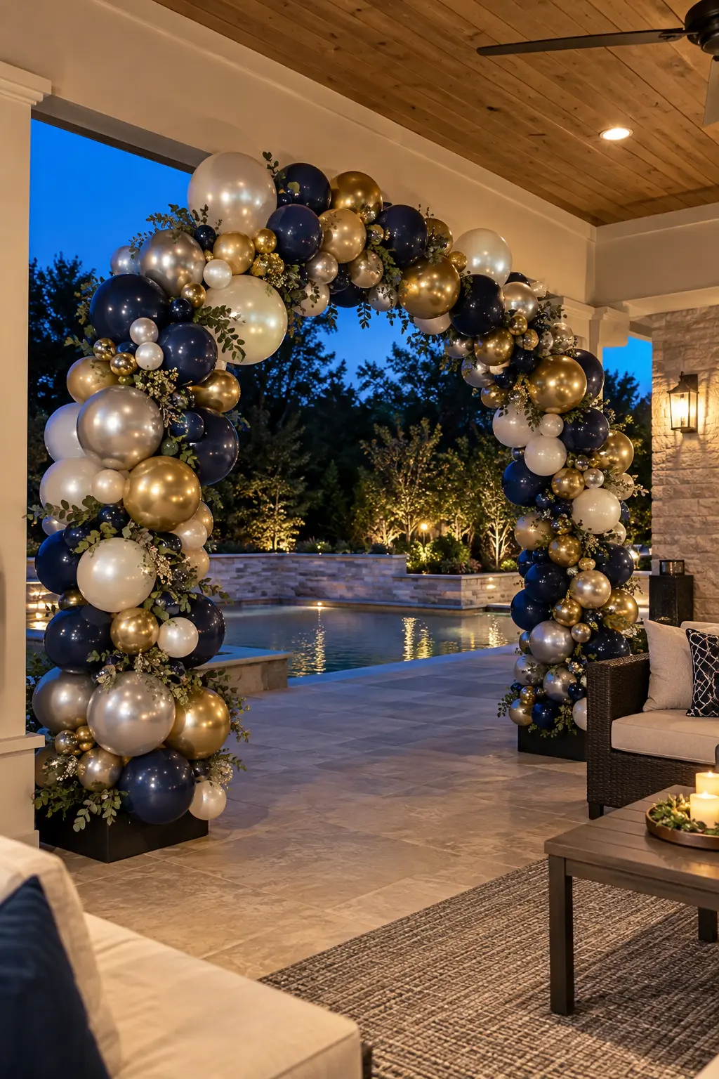 Navy silver and gold freestanding balloon arch under a covered backyard patio