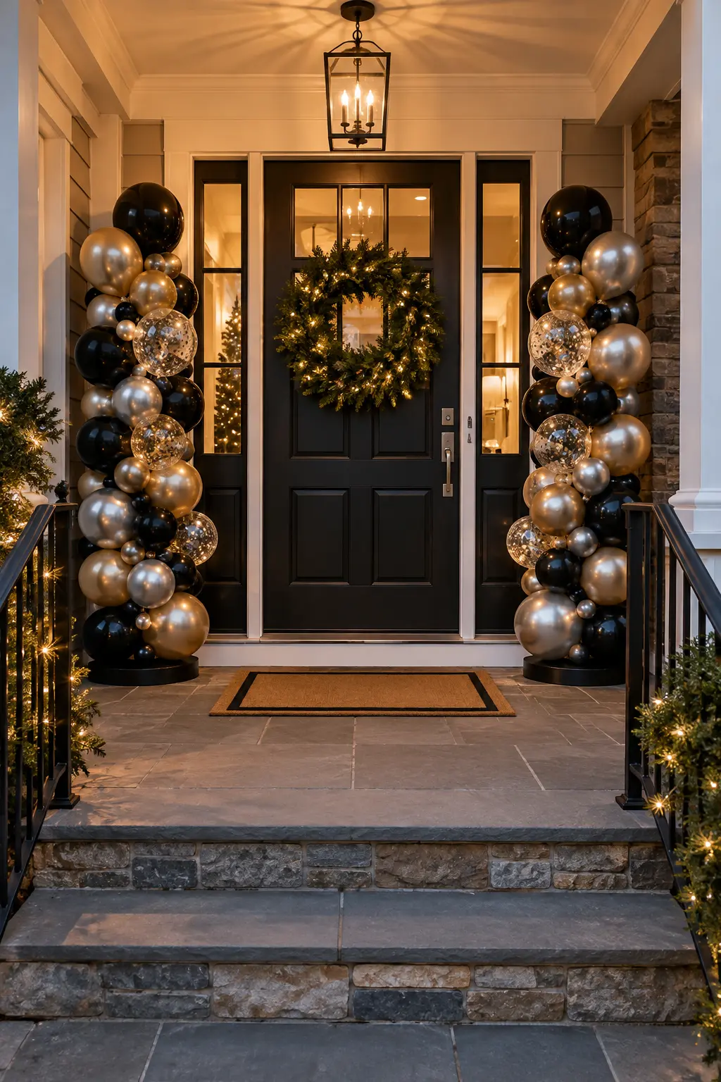 Weighted black champagne and silver balloon columns beside a front porch door