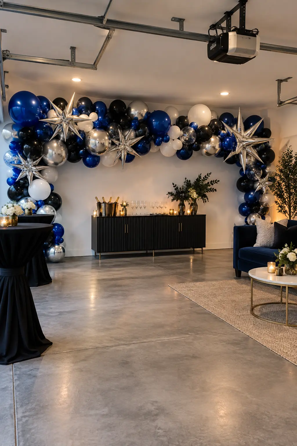 Large cobalt silver black and white balloon garland across a garage party wall