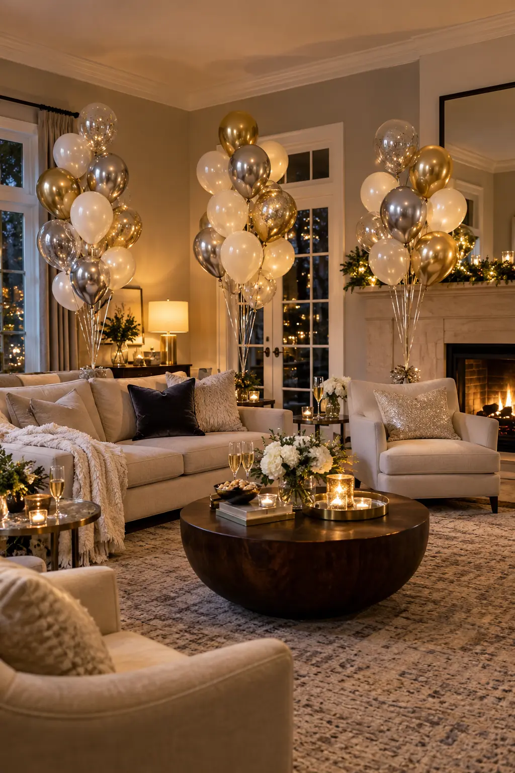 Tall champagne ivory and silver balloon bouquets behind side tables in a lounge