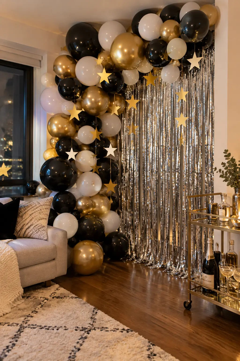 Budget black white and gold balloon cluster with silver fringe and paper stars