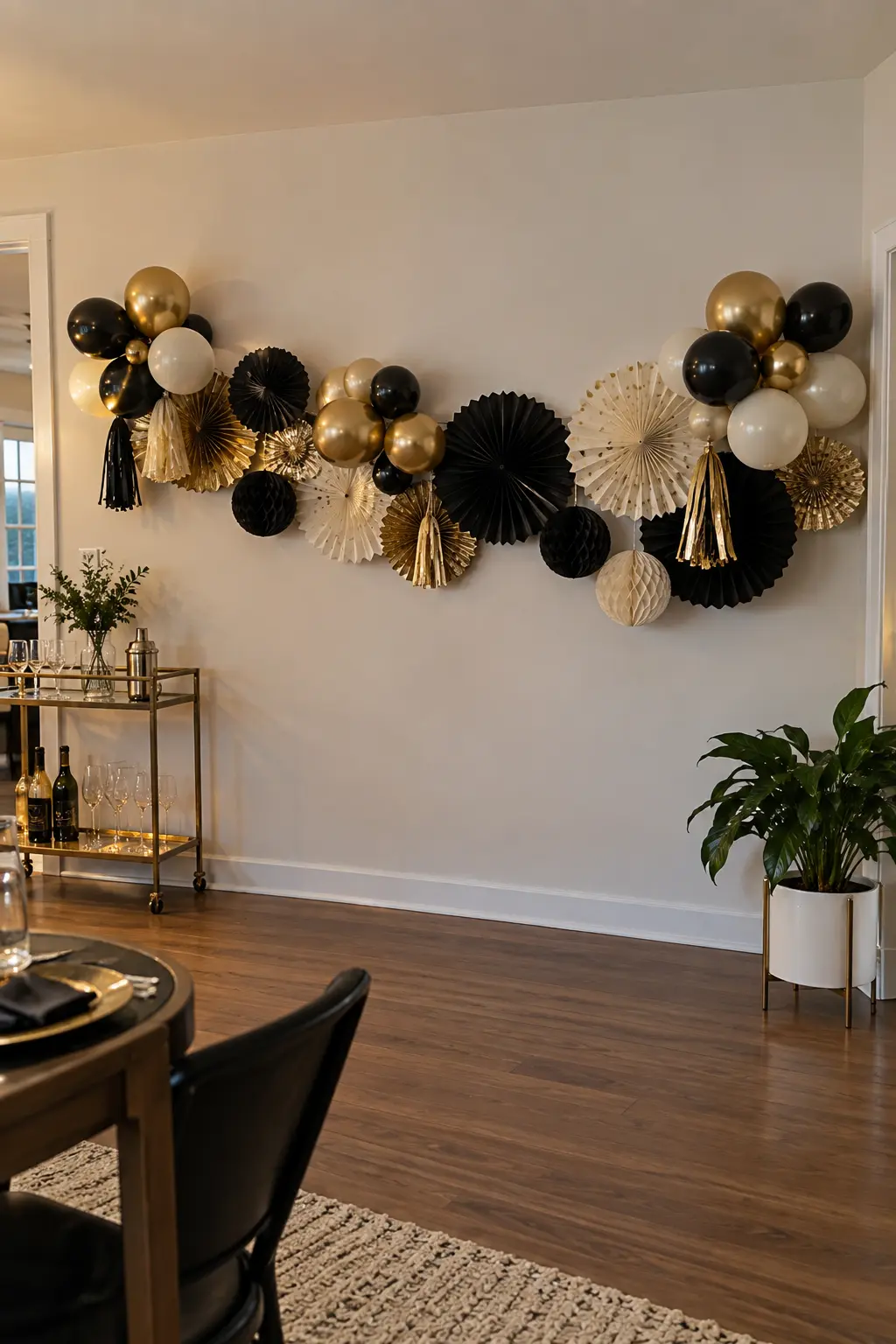 Black cream and gold paper fans mixed with balloons across a party wall