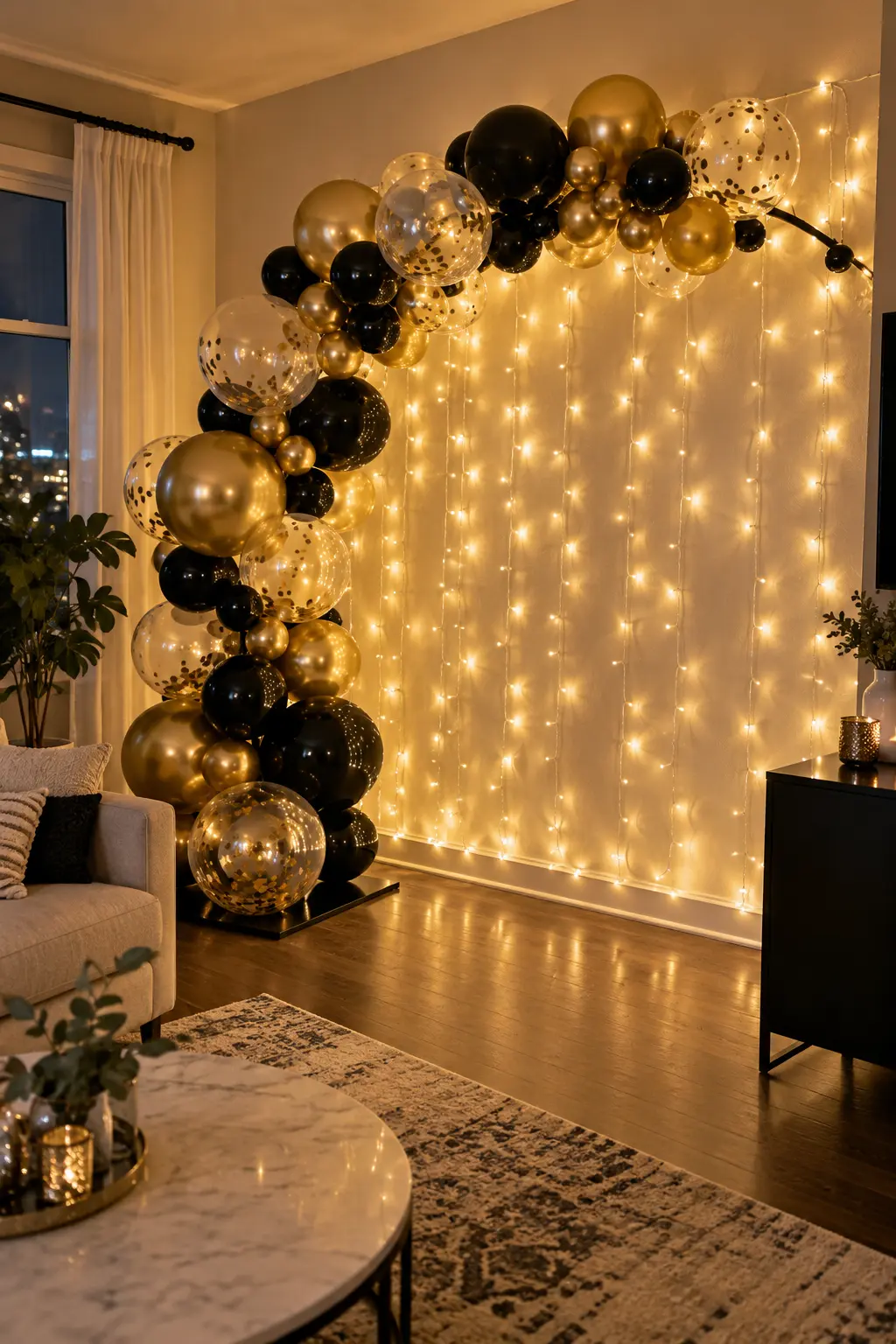 Black gold and clear balloon half arch layered over warm white string lights