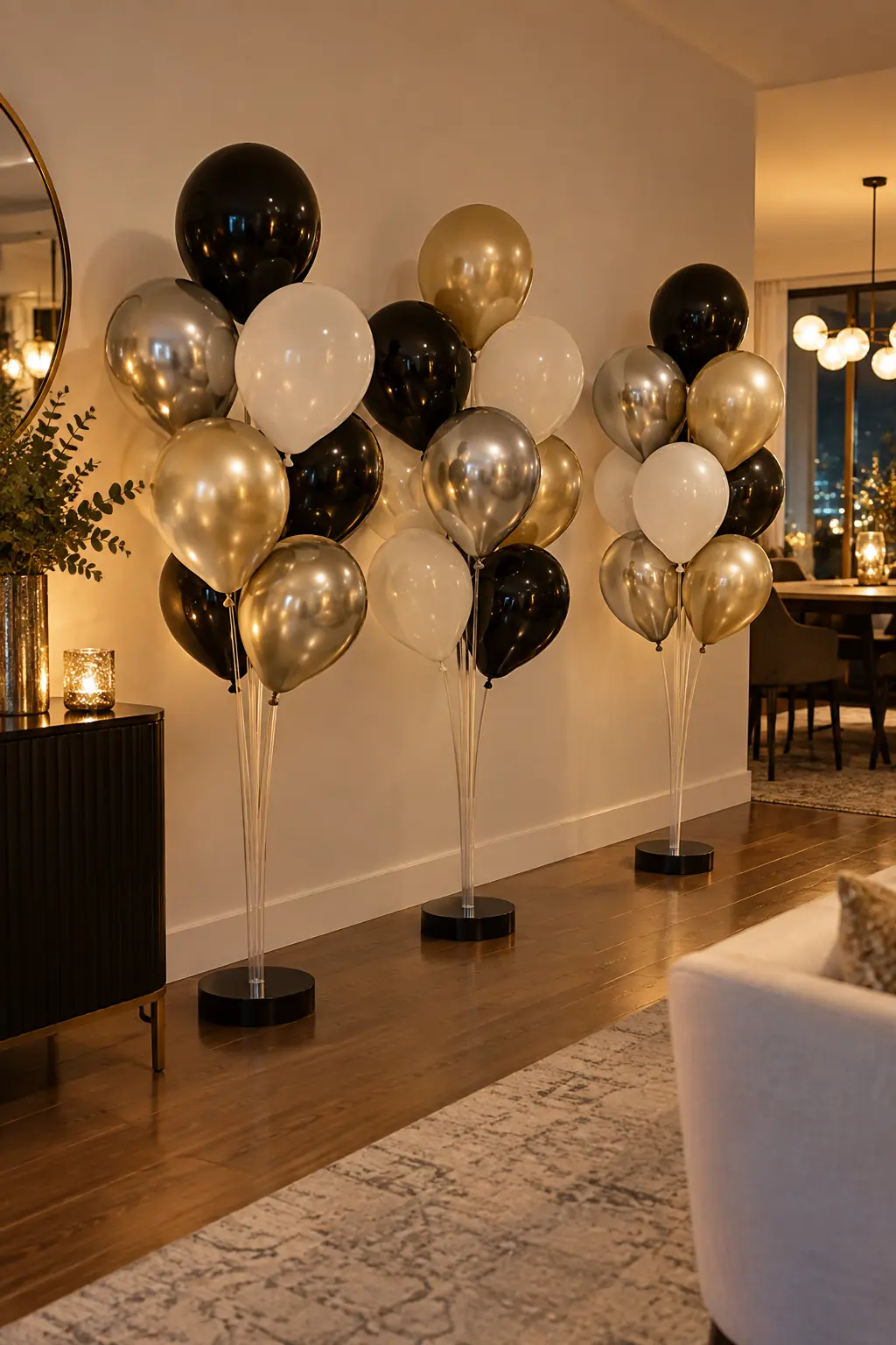 Air-filled black silver gold and white balloons on sticks in weighted floor stands