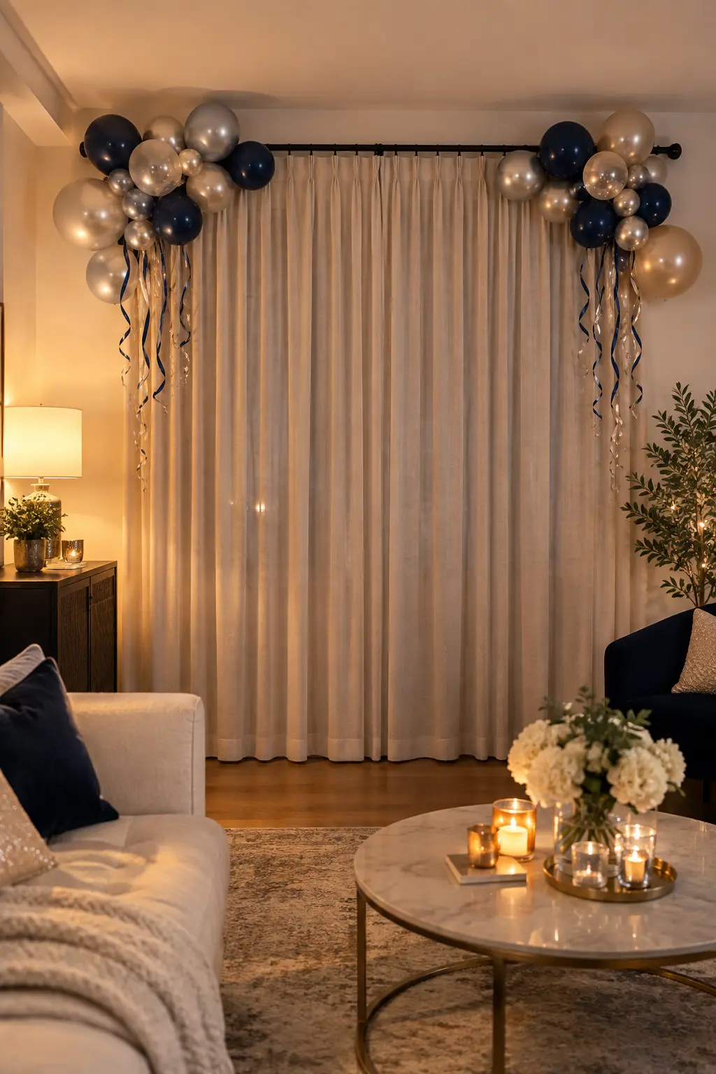 Navy silver and champagne mini balloon garland secured to a curtain rod