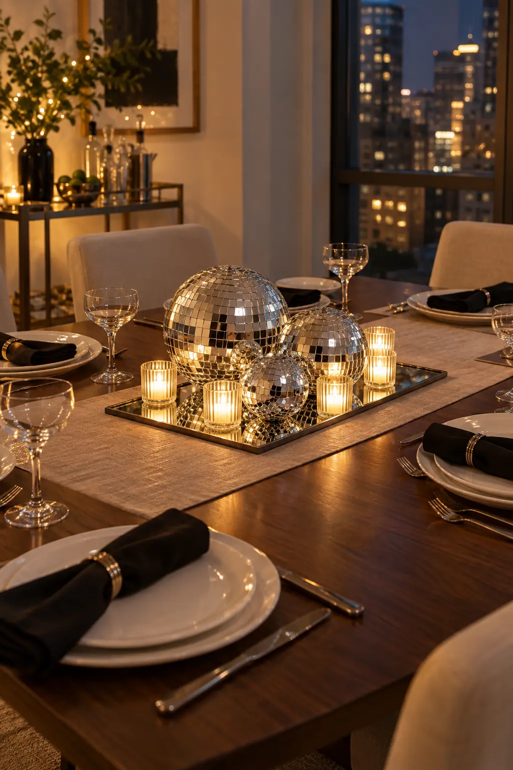 Low mirrored tray with three disco balls and warm battery votives on a New Year's Eve dinner table
