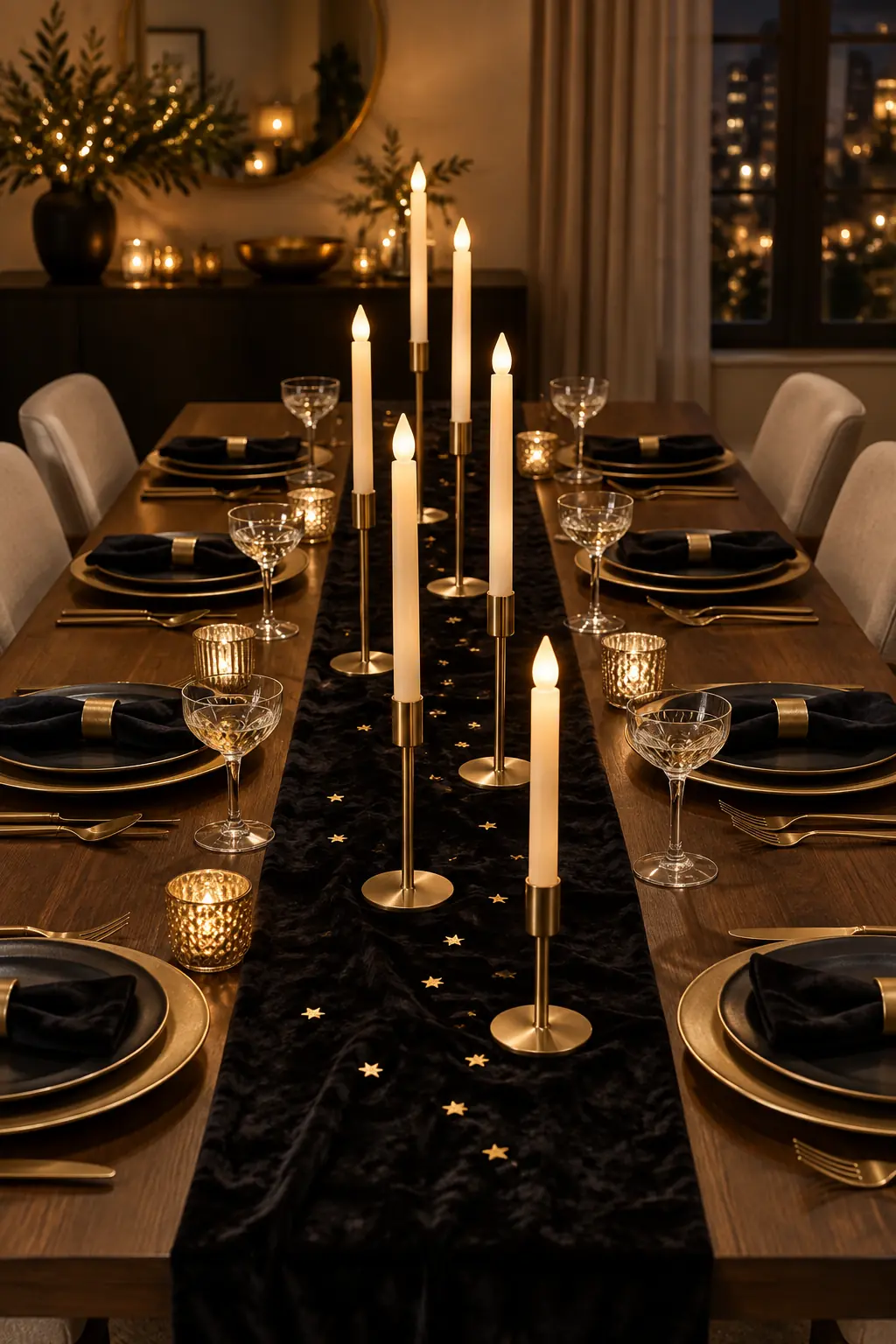 Black velvet runner with slim gold candleholders and ivory flameless tapers on a party table