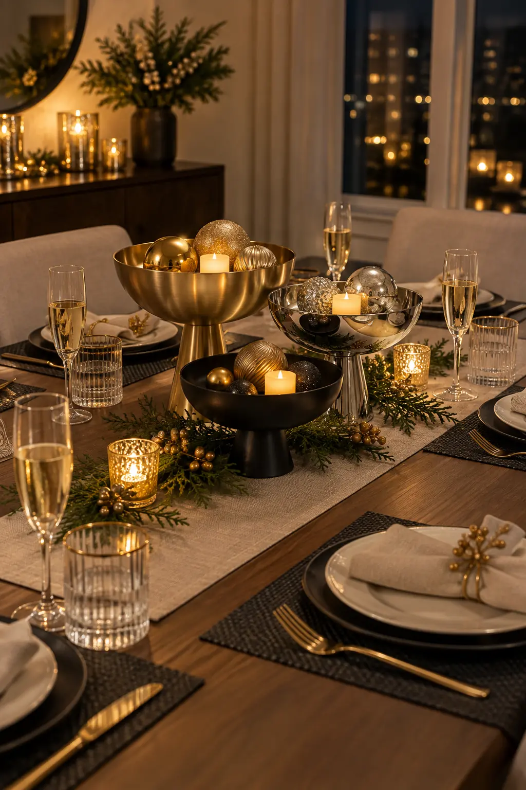 Brass silver and black pedestal bowls with ornaments and lights on a New Year's Eve table