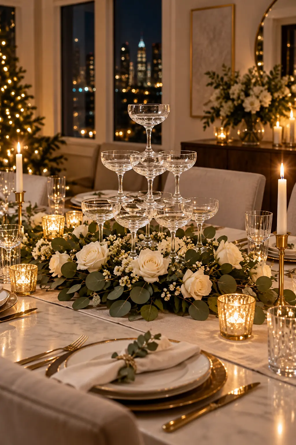 Champagne coupe tower with a low white rose and eucalyptus collar on an elegant party table
