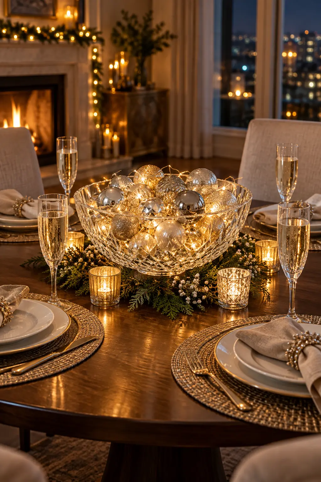Cut-glass bowl filled with silver and champagne ornaments and warm fairy lights