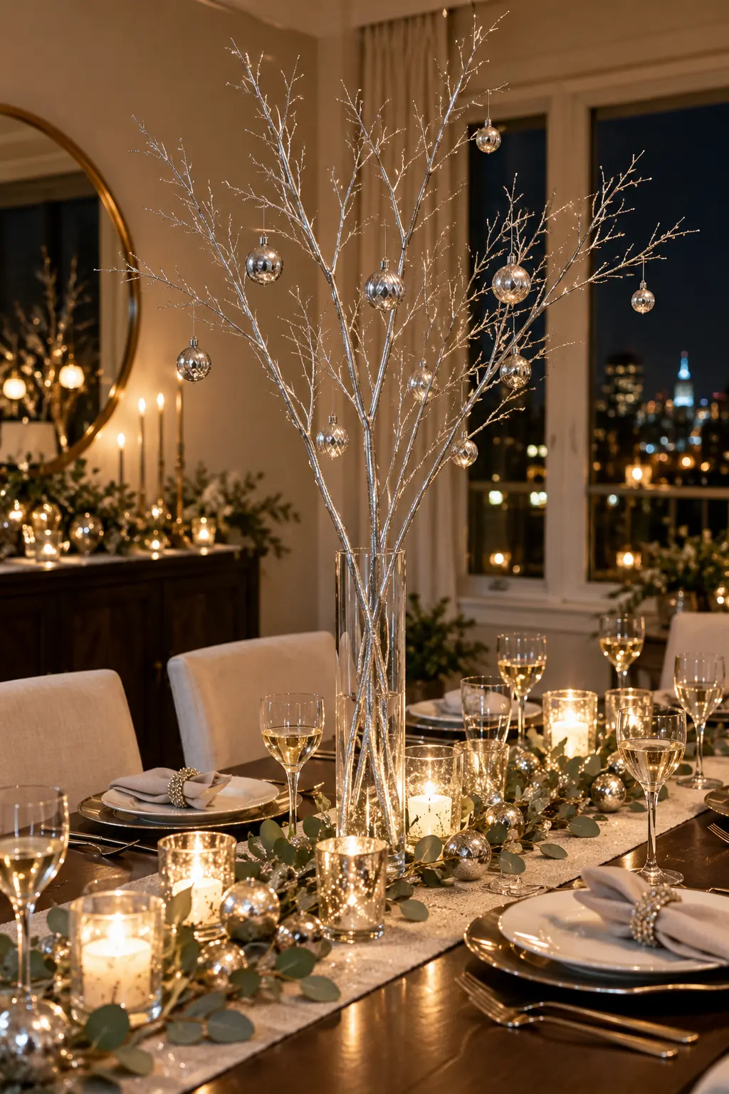 Airy silver branches with small mirror ornaments rising above a formal dinner table