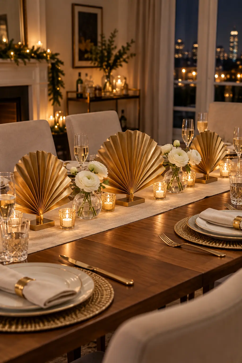 Pleated gold paper fans alternating with white-flower bud vases on a modern table