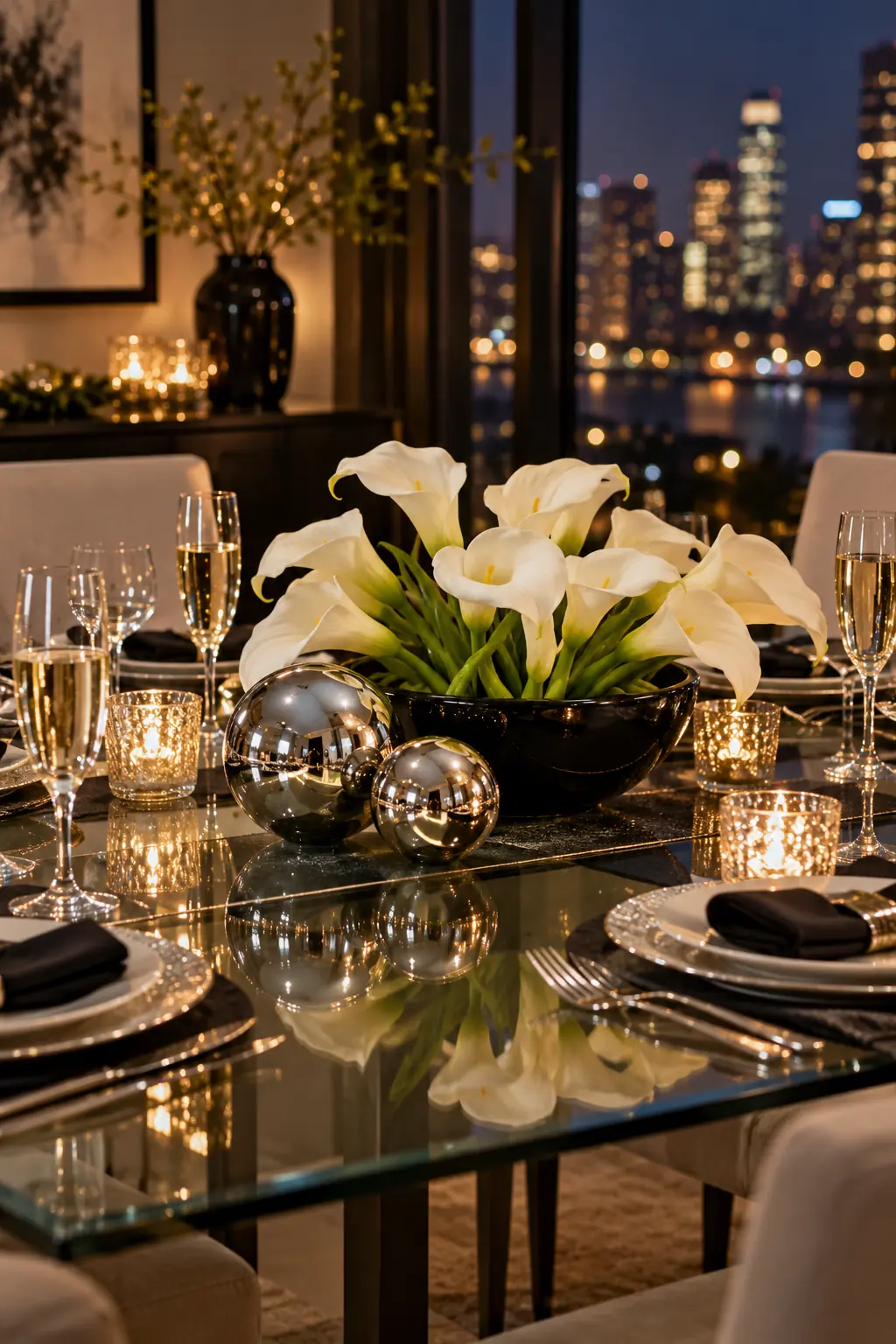 Polished chrome orbs beside a low black bowl of white calla lilies on a glass table