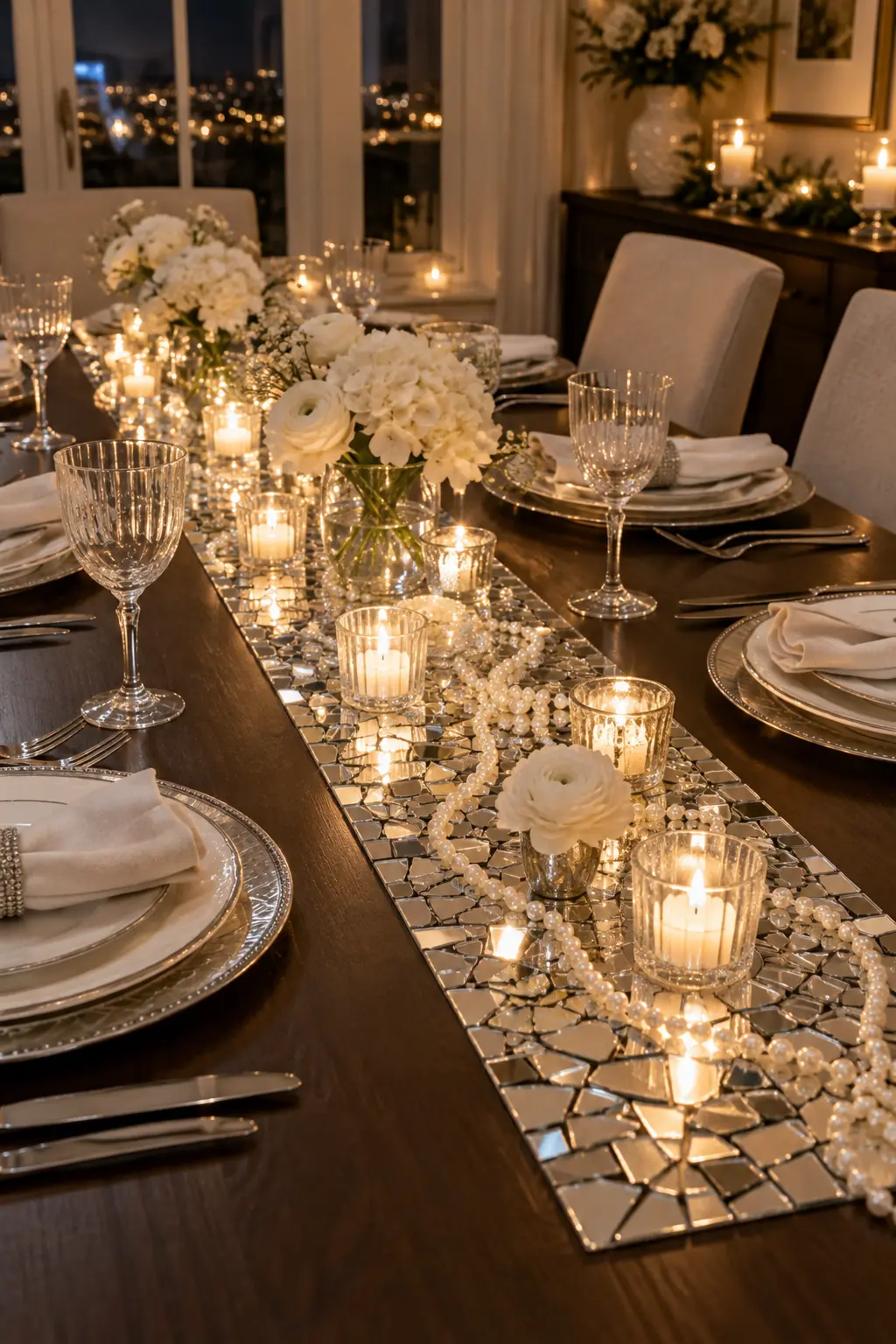Mirror-tile table runner with pearl strands white flowers and low battery votives