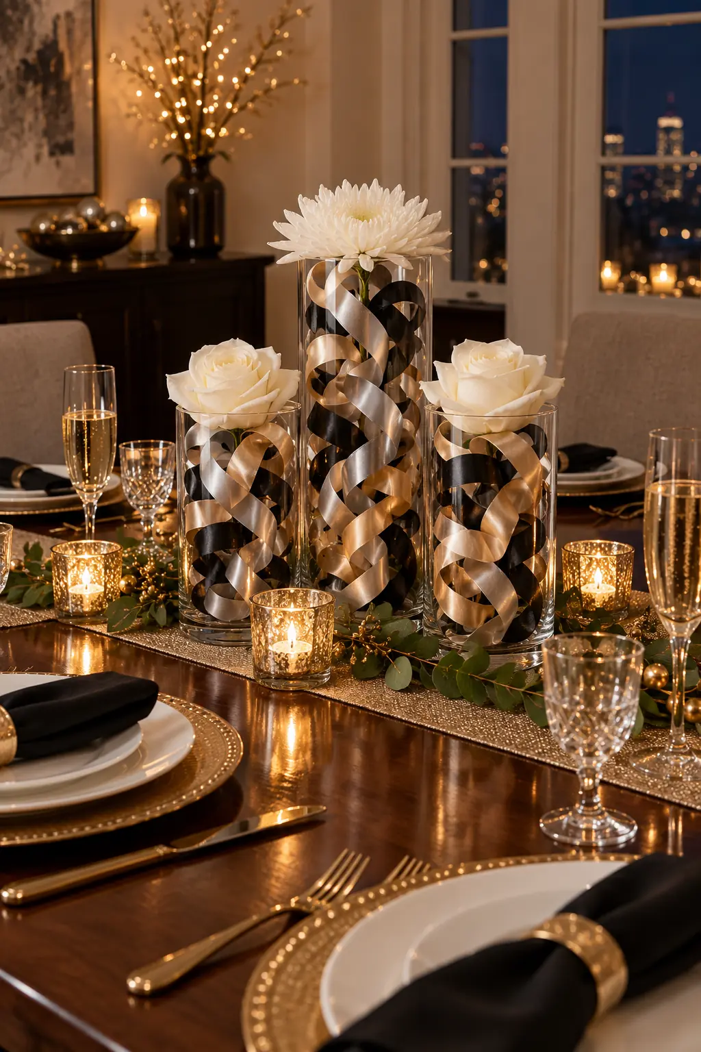 Clear vases filled with curled black silver and champagne ribbon and topped with white flowers