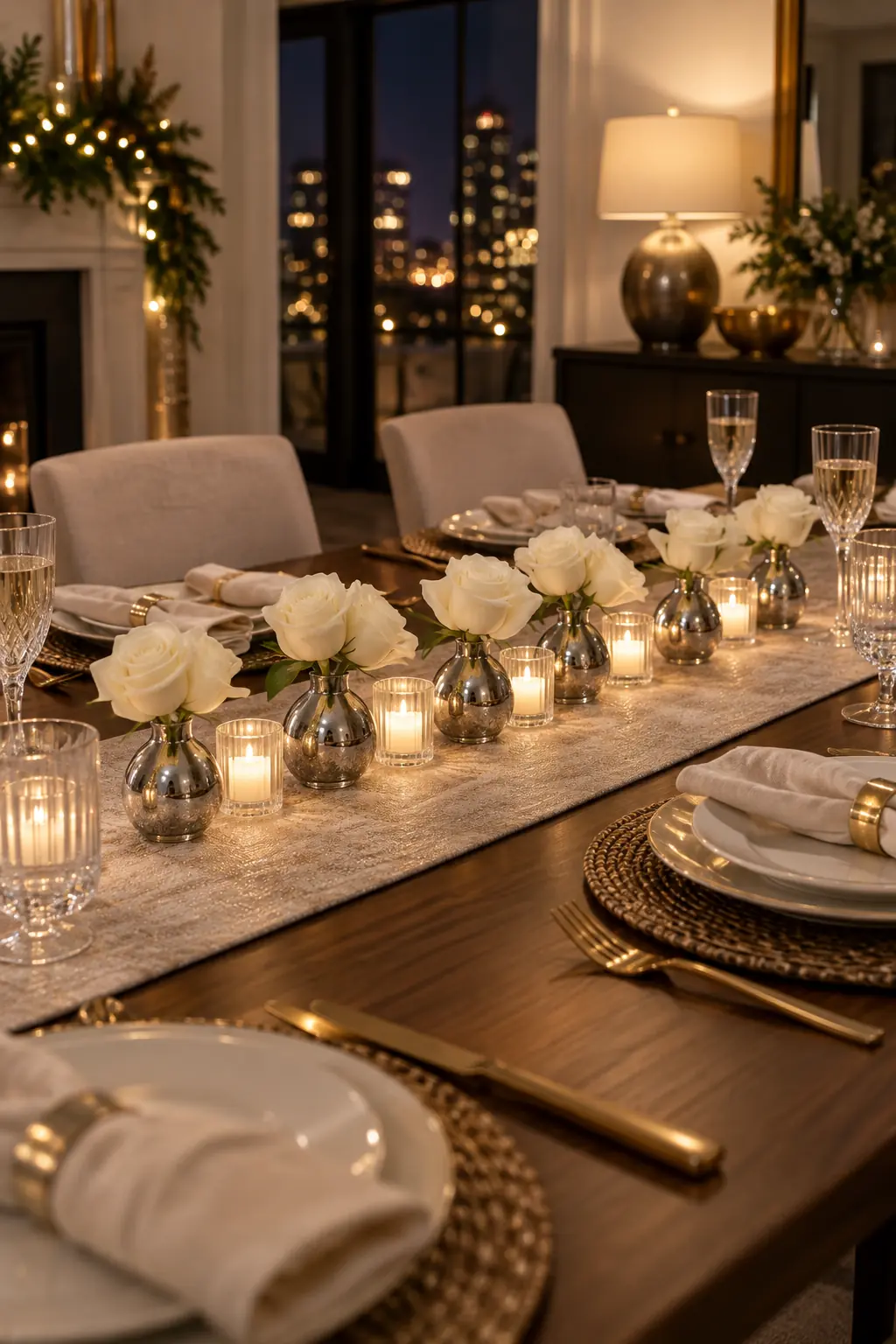 Line of small mirrored bud vases holding white roses with clear battery votives
