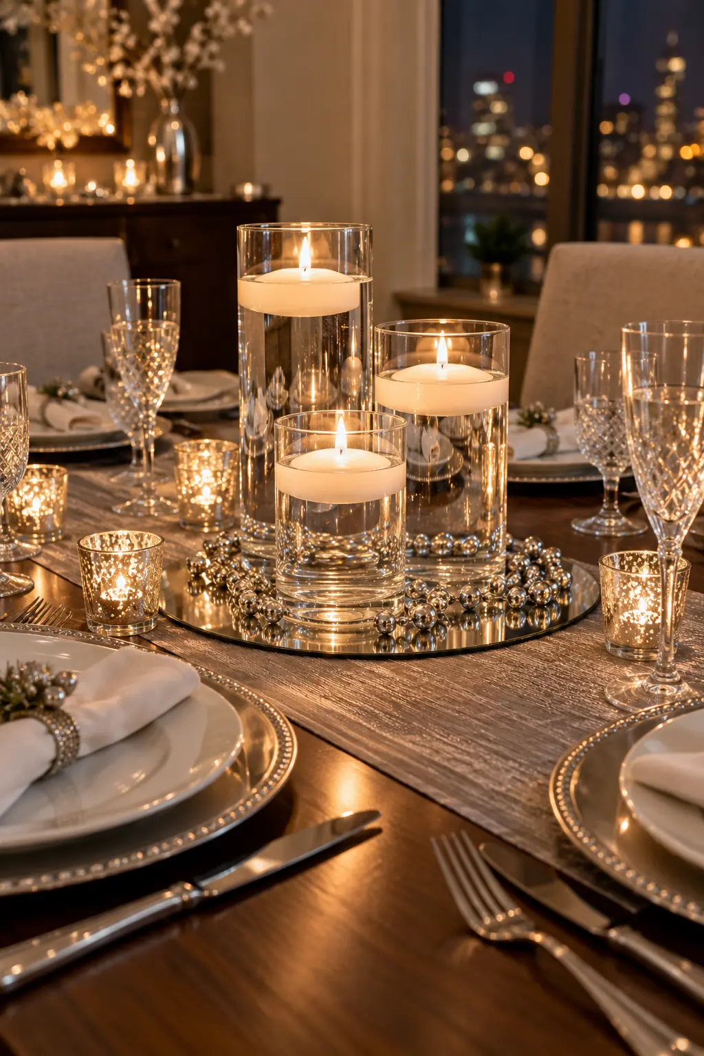 Glass cylinders with floating candles and silver bead strands on a mirrored tray