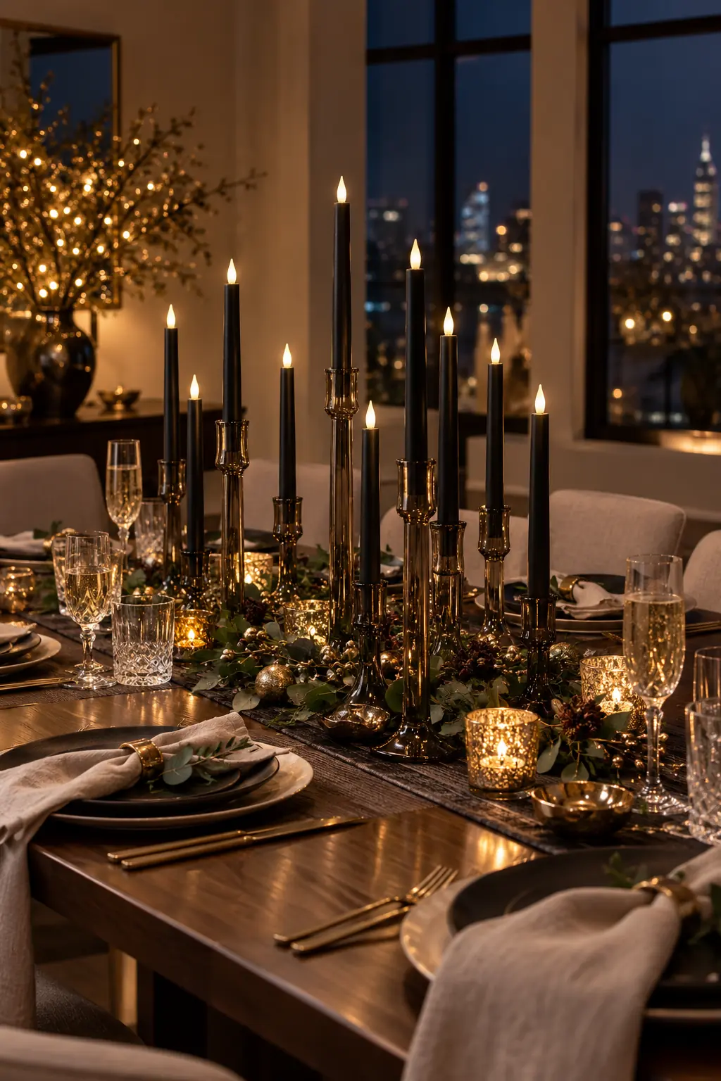 Smoked-glass candleholders with black flameless tapers arranged on a moody dinner table