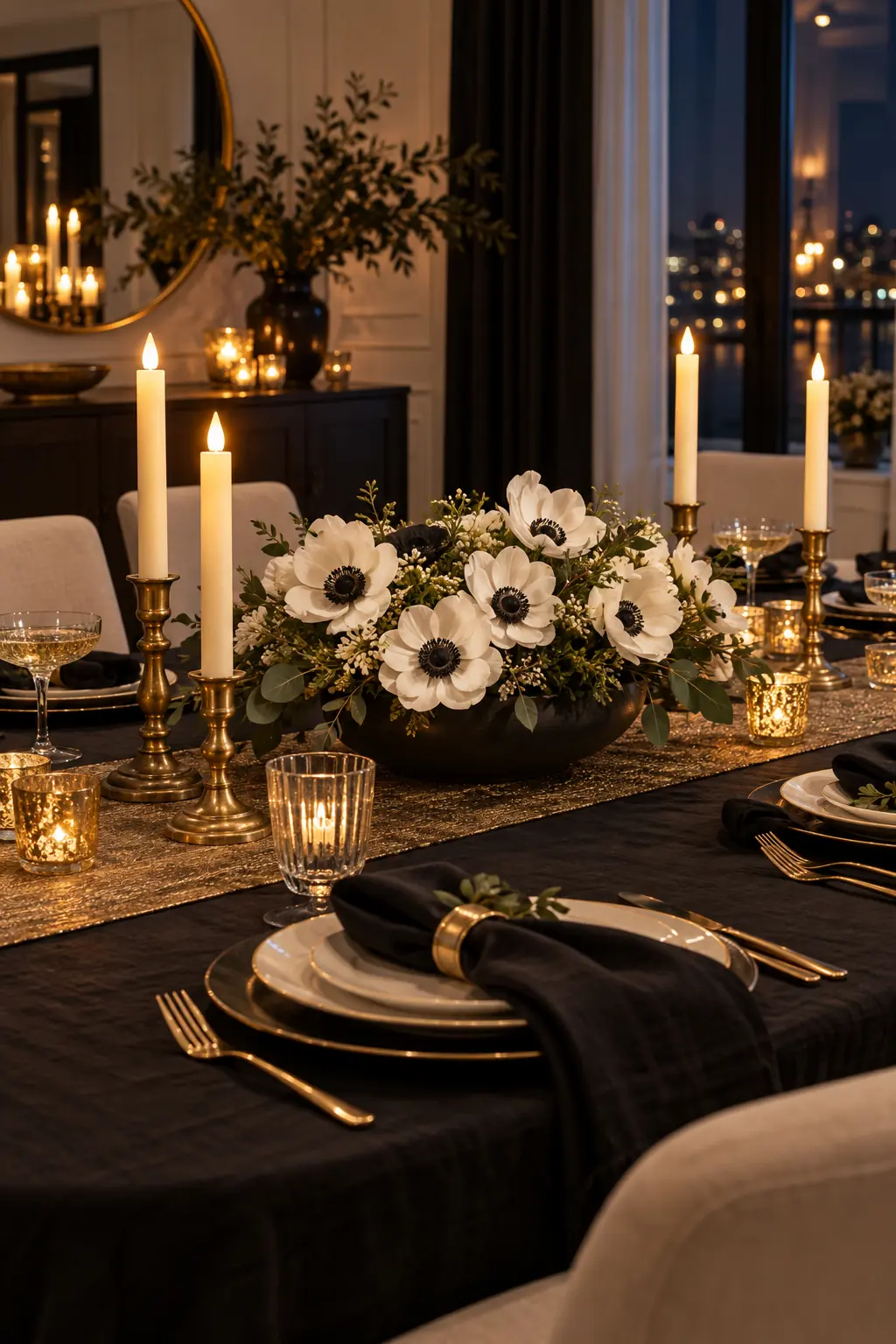 White anemones in a black bowl framed by vintage brass candleholders