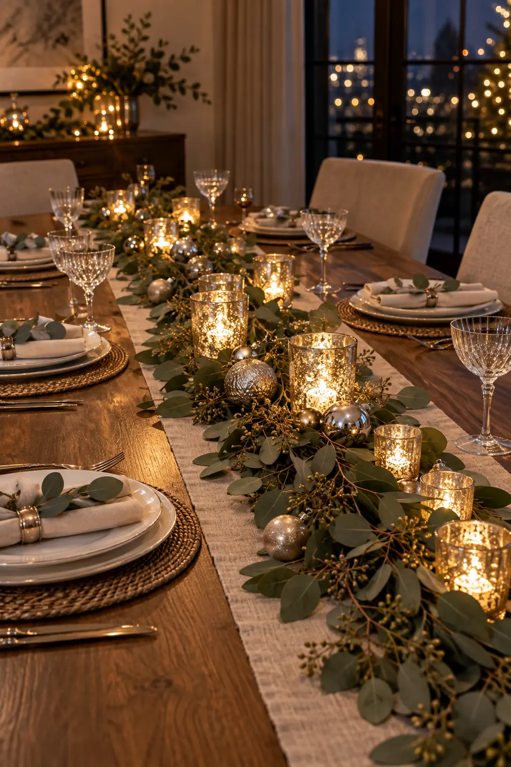 Loose eucalyptus table garland with glowing mercury-glass votives and silver accents
