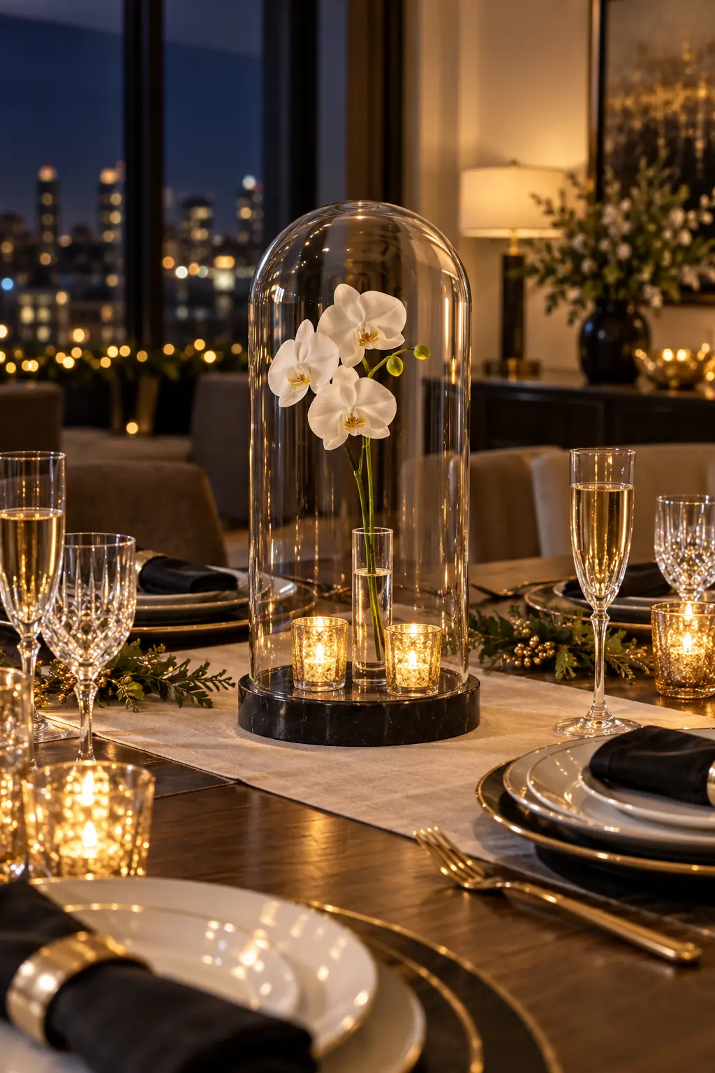 Single white orchid displayed under a tall glass cloche on a black base