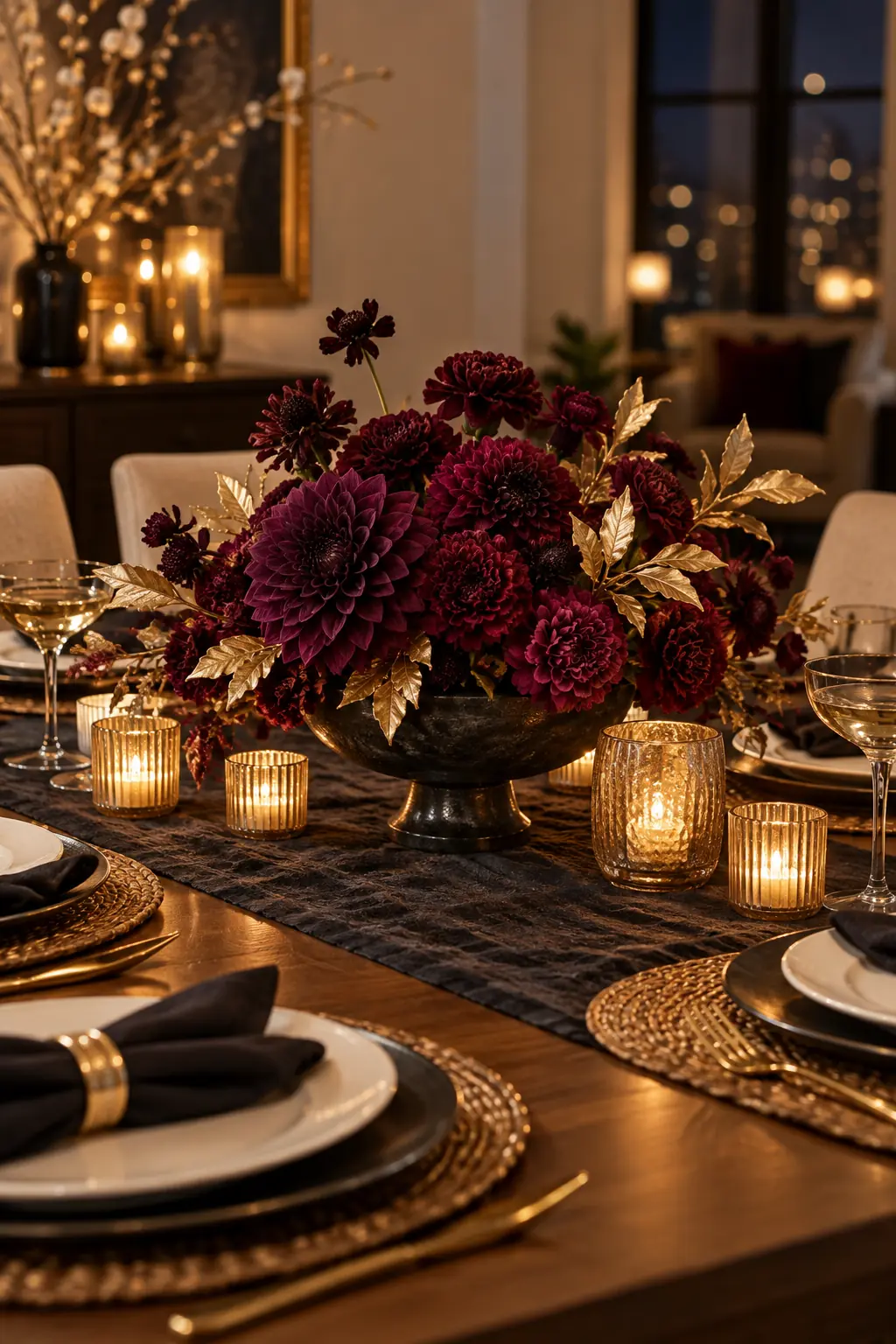 Low plum and burgundy floral arrangement with sparse gold foliage and battery votives
