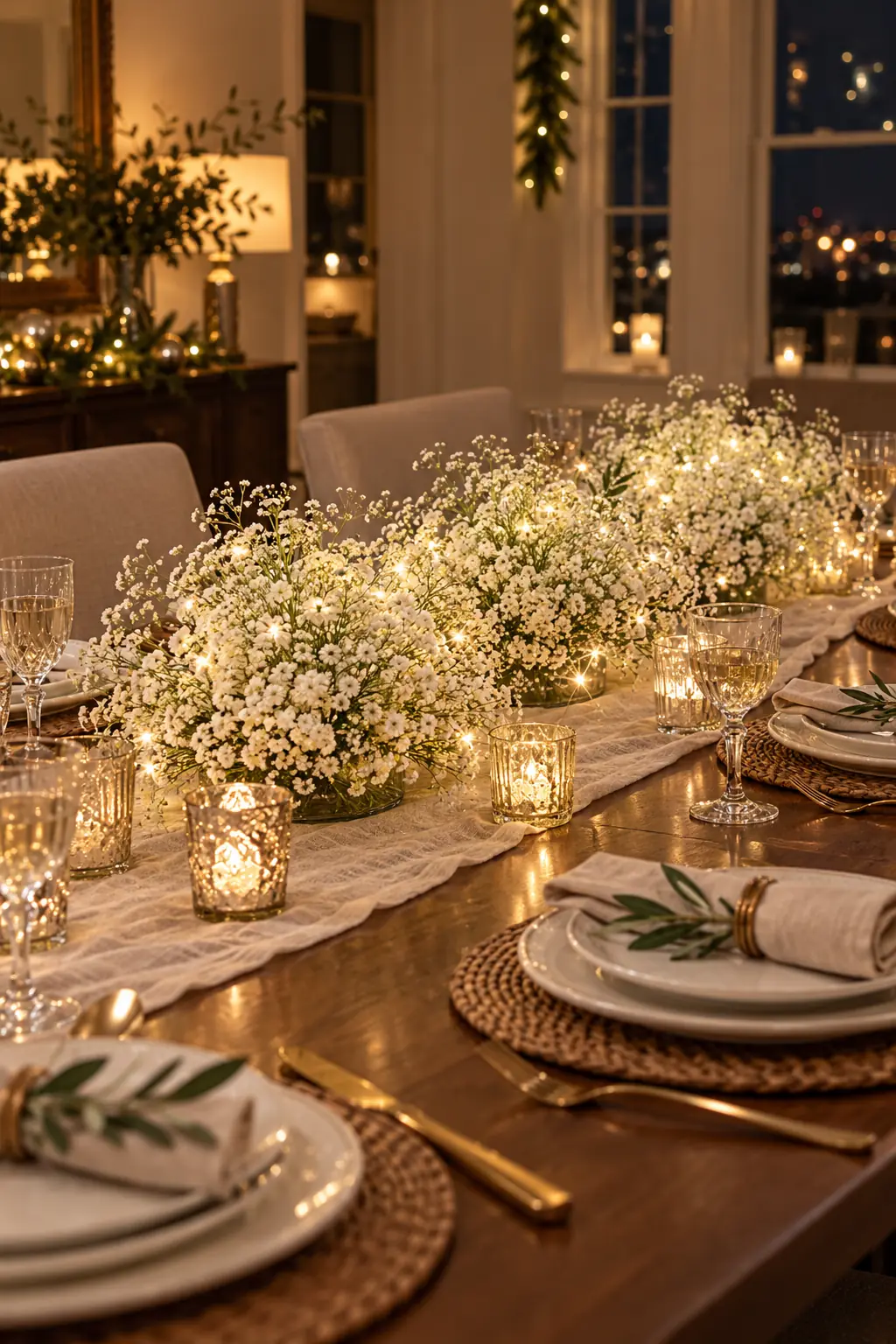 Low cloud of baby's breath threaded with warm micro lights along a dinner table