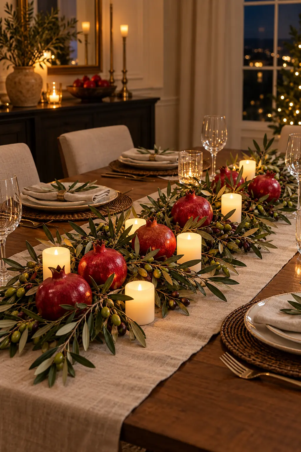 Pomegranates olive branches and ivory battery candles forming a low winter table runner