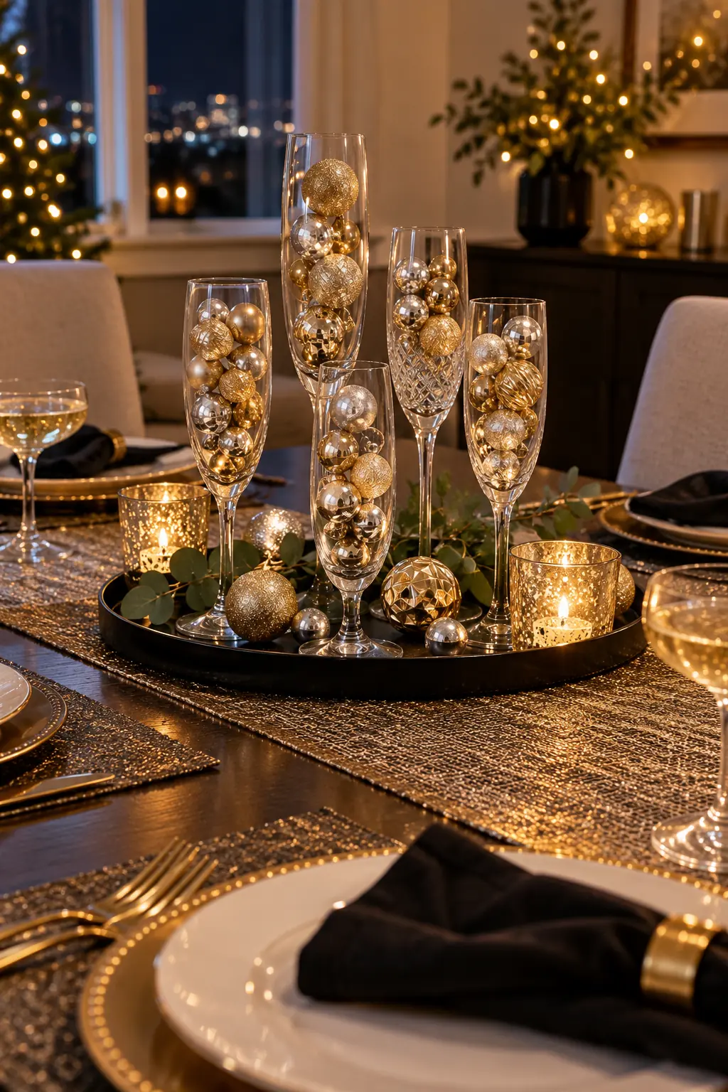 Mismatched champagne flutes filled with small gold and silver ornaments on a black tray