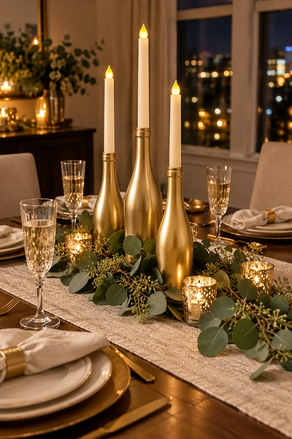 Gold-painted champagne bottles holding ivory flameless tapers with eucalyptus
