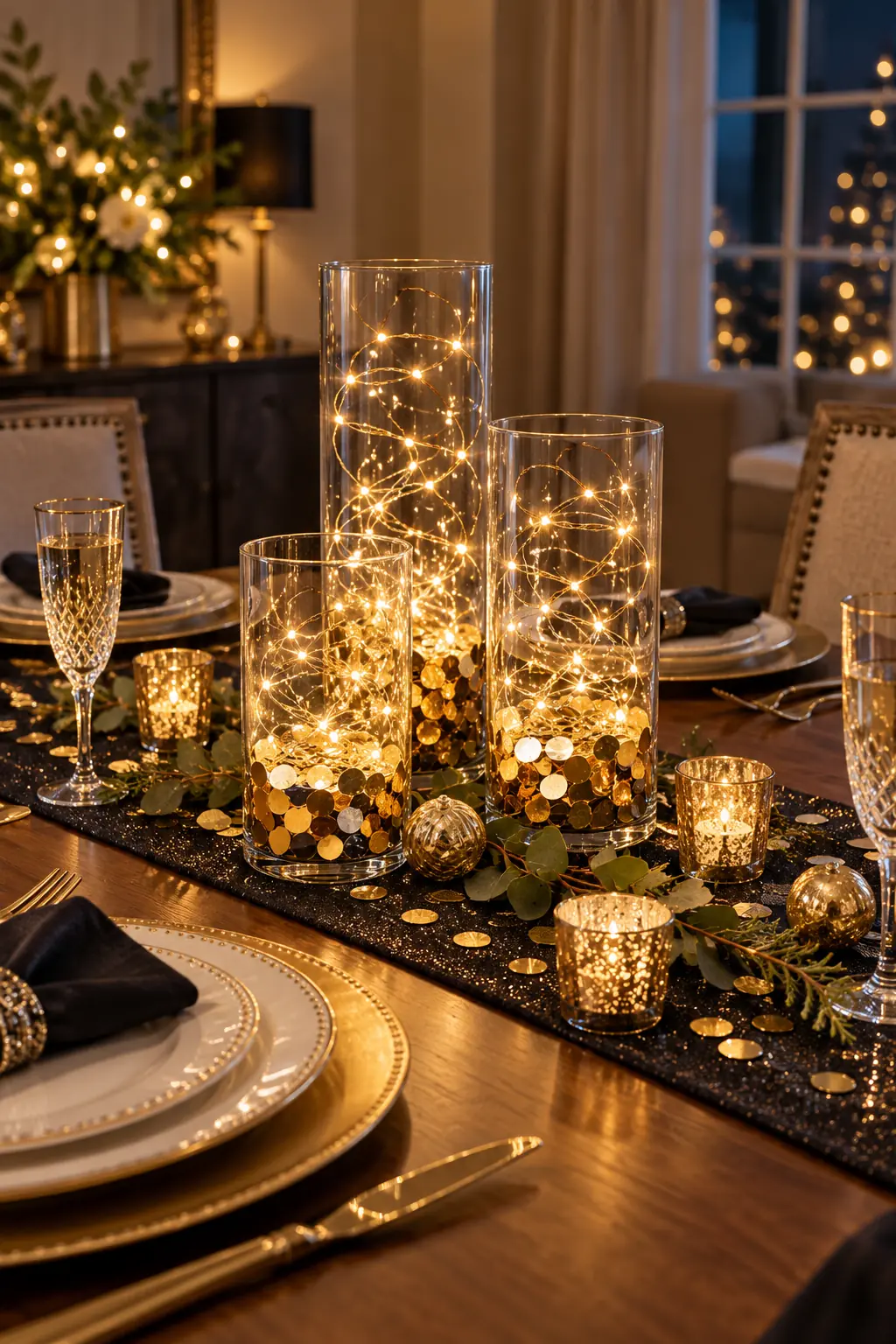 Clear glass cylinders holding metallic confetti and warm fairy-light coils