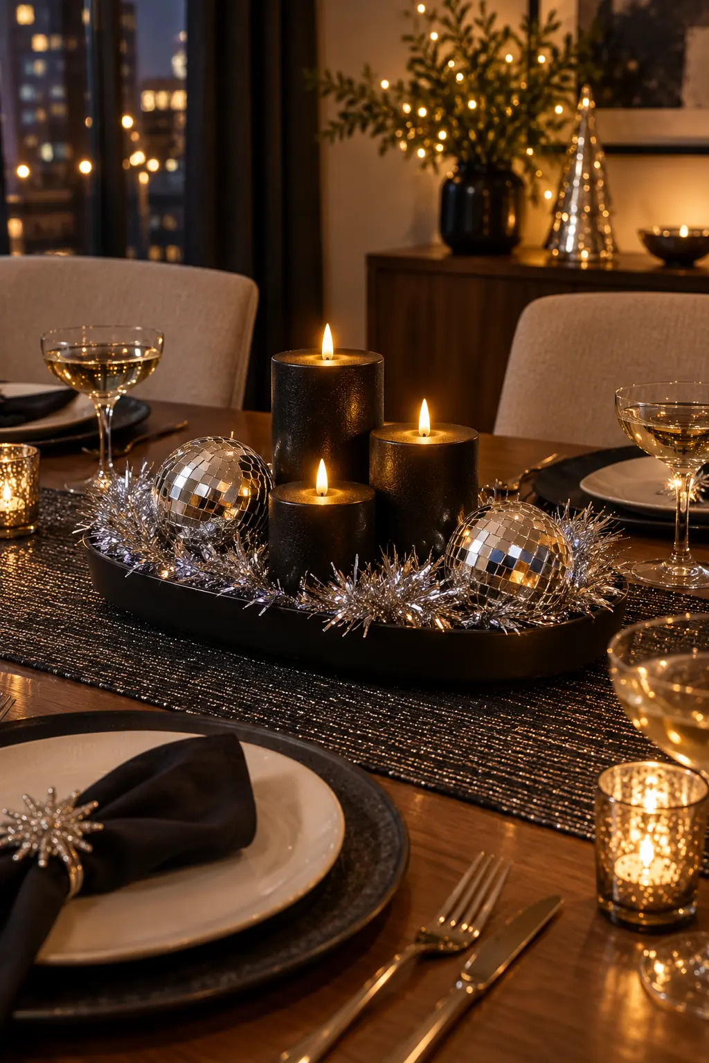 Black tray with silver tinsel black battery pillars and small disco balls