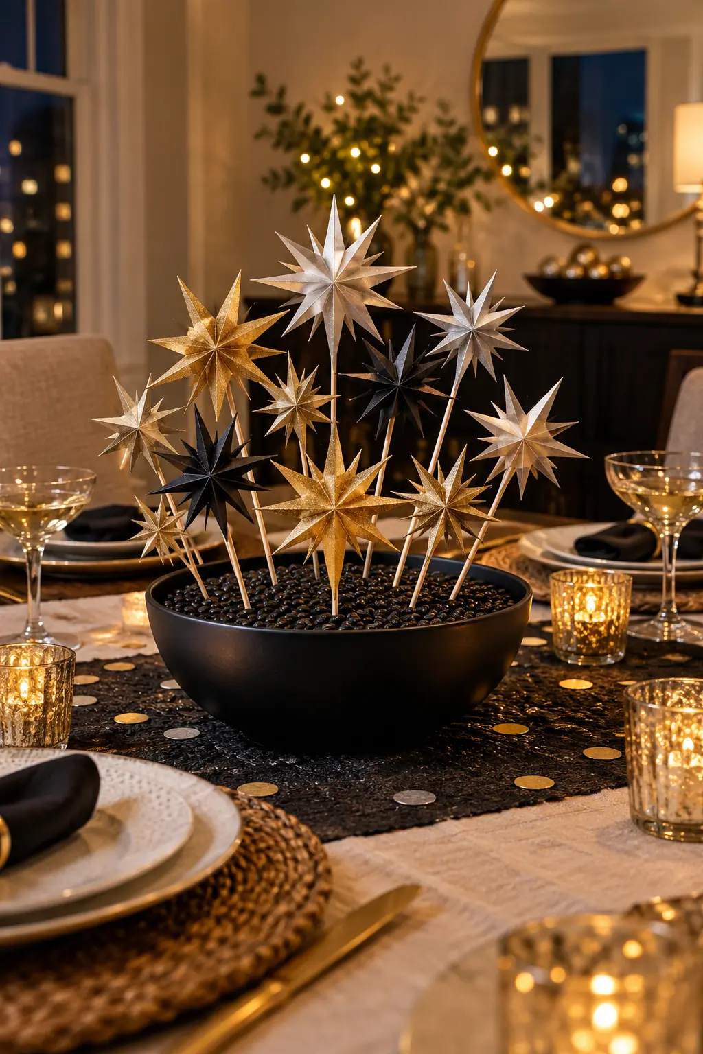 Handmade black gold and silver paper starbursts arranged in a low bowl