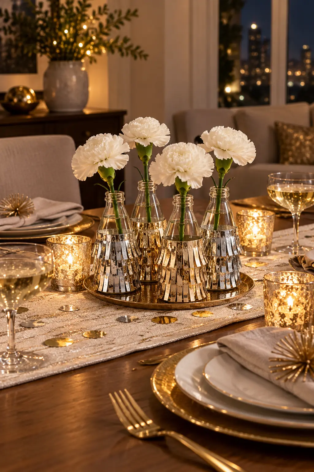 Small reused bottles wrapped with metallic fringe and holding single white carnations