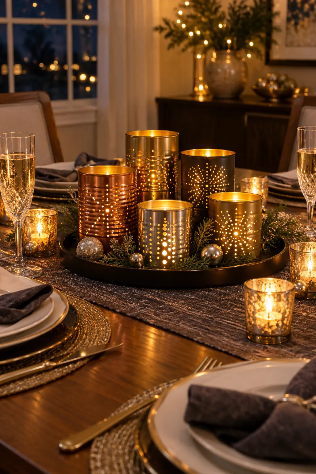 Upcycled metallic tin-can luminaries glowing with battery lights on a dark tray