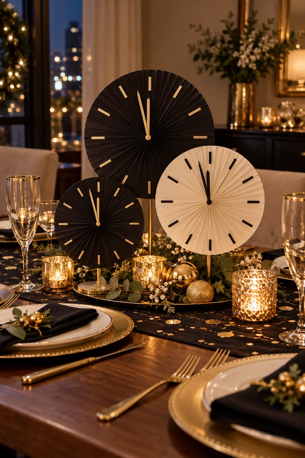 Black and cream paper clock-inspired fans with gold votives on a New Year's Eve table