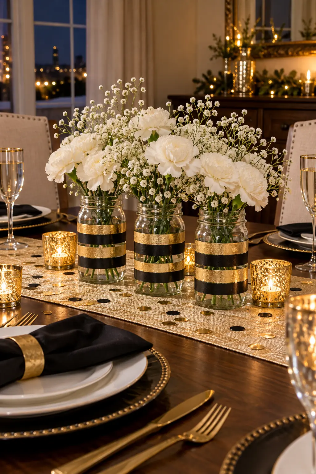 Mason jars with black and gold washi bands filled with white carnations