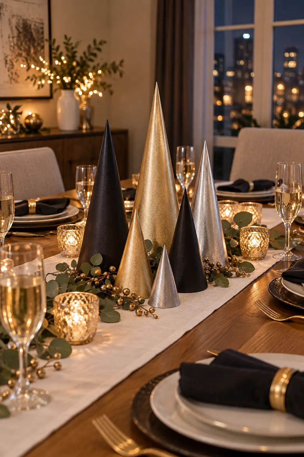 Matte black gold and silver paper cone trees arranged on a narrow table runner