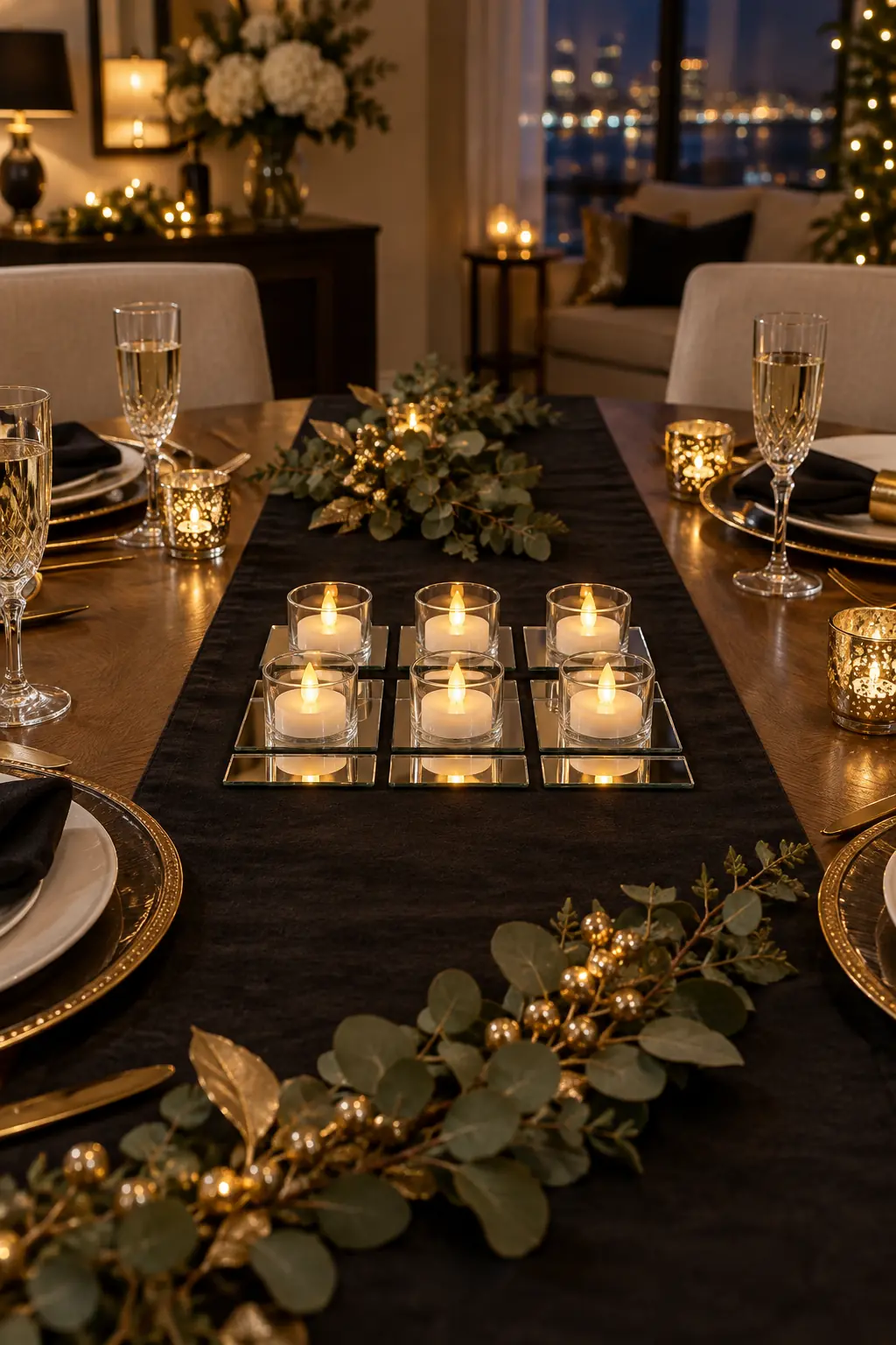 Three-by-three grid of mirror tiles topped with clear battery tea lights