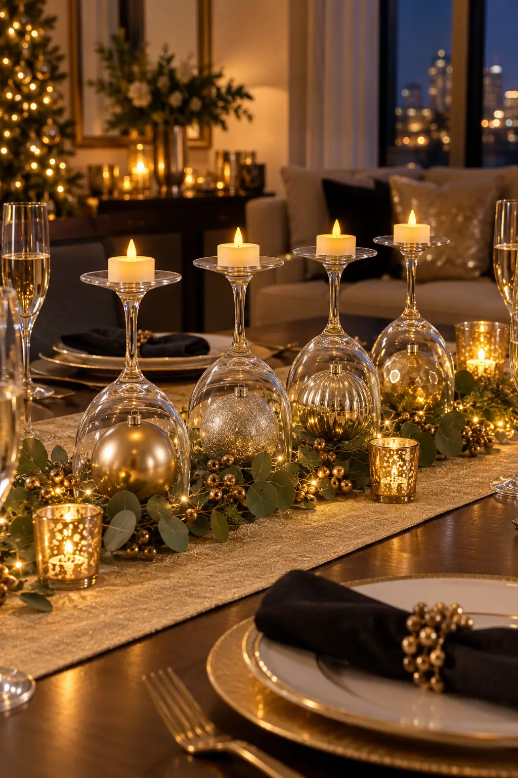 Upside-down wineglasses covering metallic ornaments with battery lights on their bases